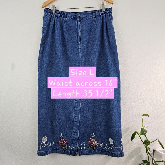VTG Denim & Co Sz Large Floral Embroidered Maxi Denim Skirt Pockets Blue Jean - Picture 6 of 9